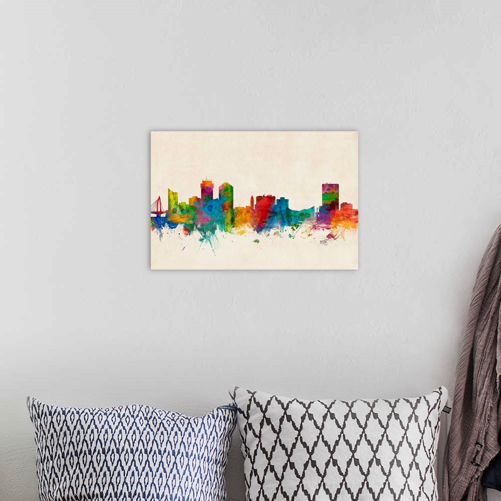 A bohemian room featuring Contemporary piece of artwork of the Wichita skyline made of colorful paint splashes.