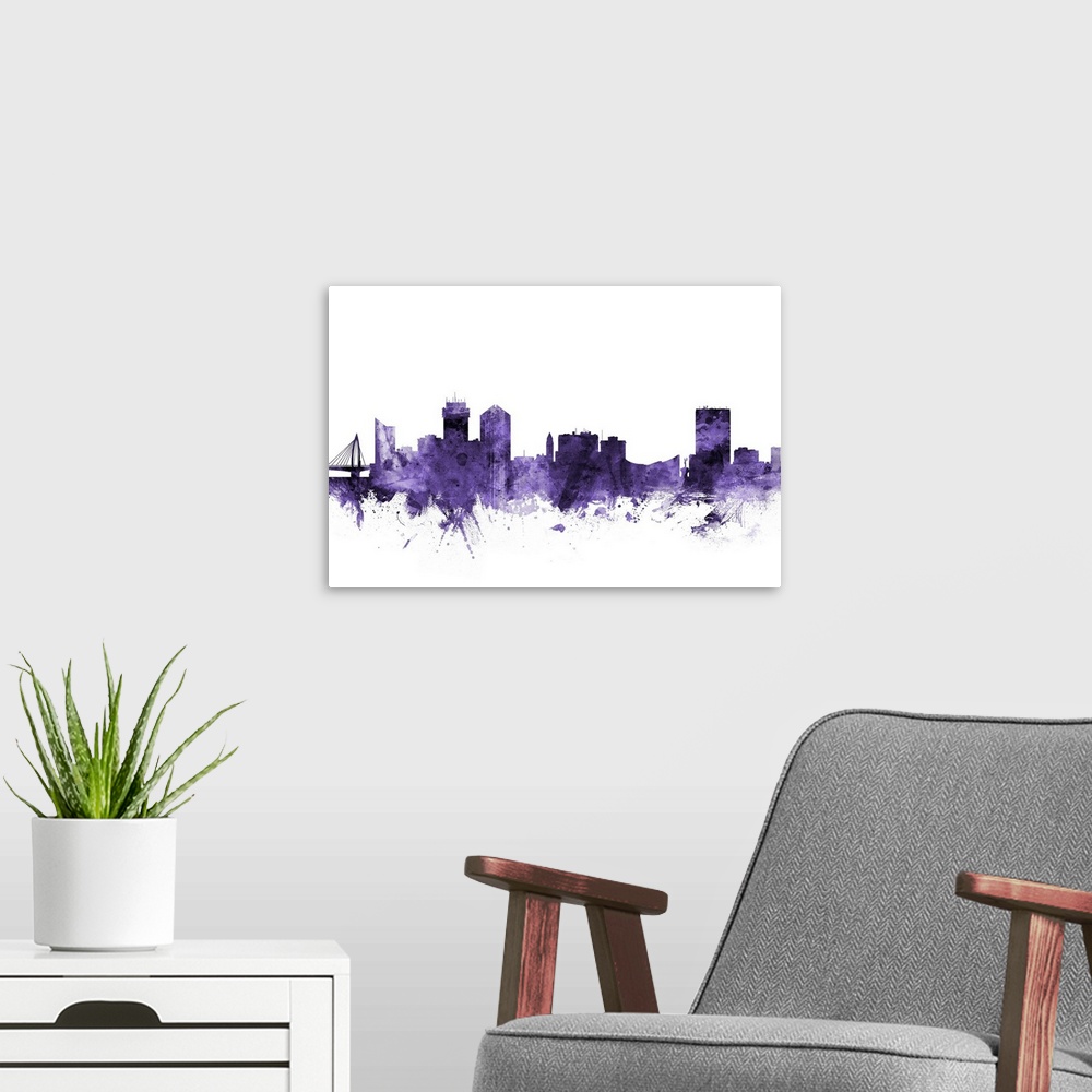 A modern room featuring Watercolor art print of the skyline of Wichita, Kansas, United States