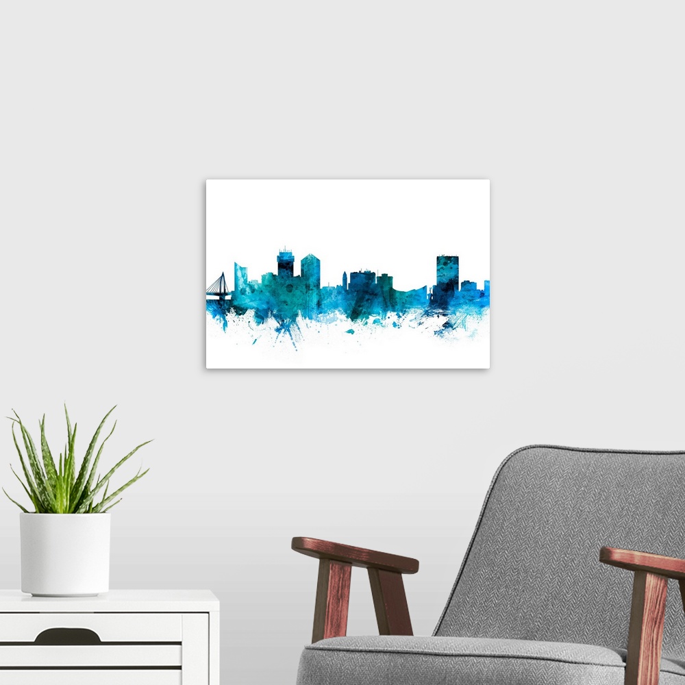 A modern room featuring Watercolor art print of the skyline of Wichita, Kansas, United States.