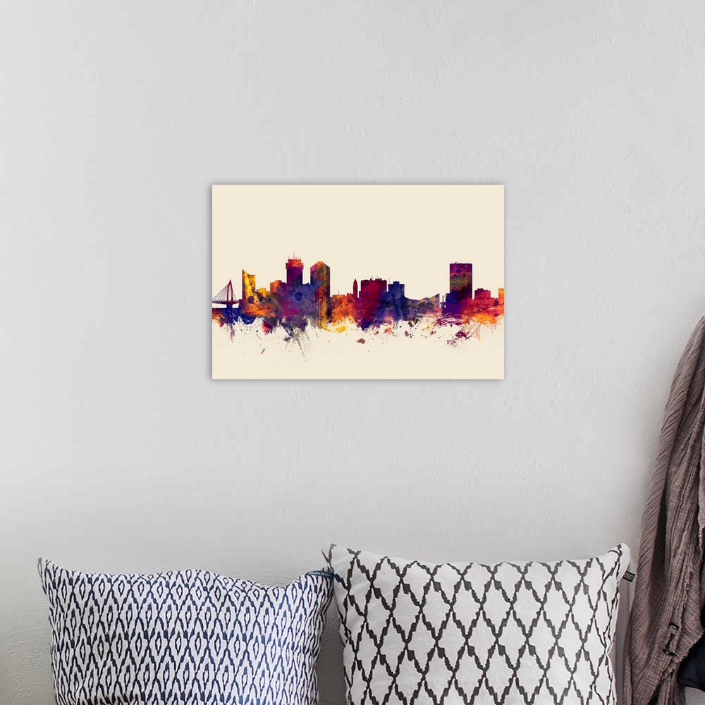 A bohemian room featuring Watercolor art print of the skyline of Wichita, Kansas, United States.