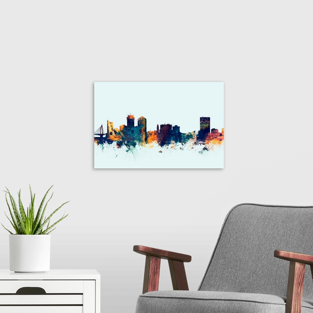 A modern room featuring Watercolor art print of the skyline of Wichita, Kansas, United States.