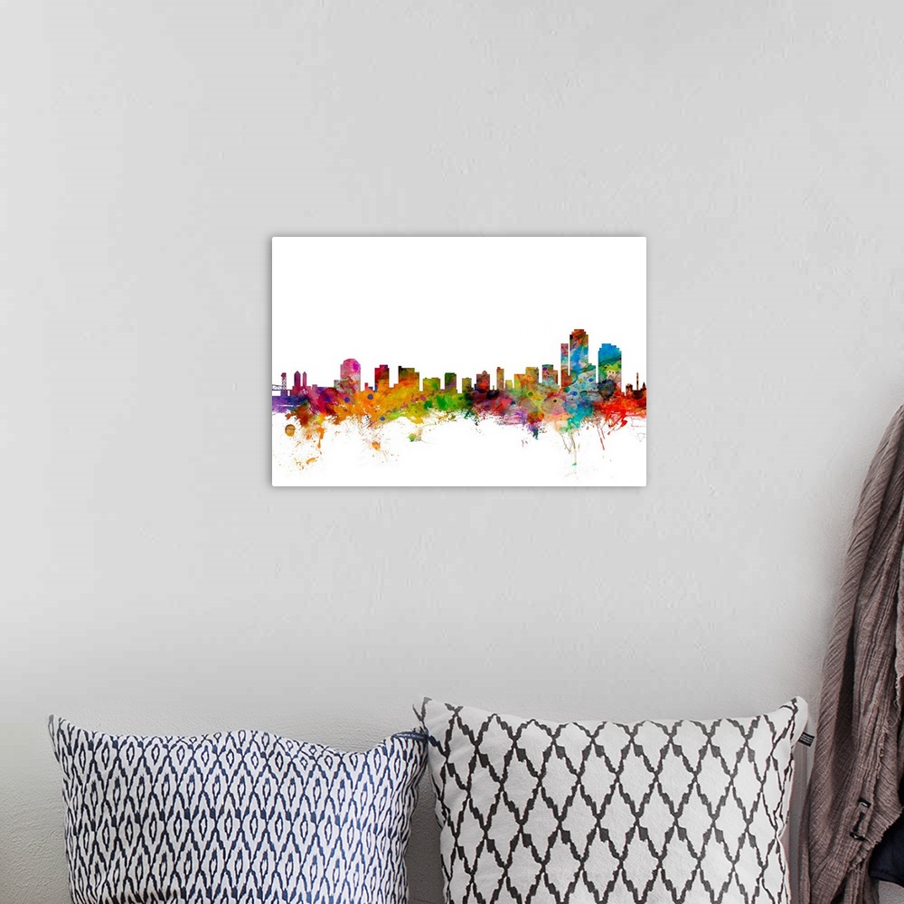 A bohemian room featuring Watercolor artwork of the Wilmington skyline against a white background.