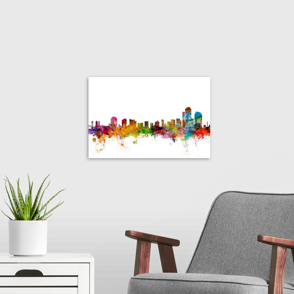 A modern room featuring Watercolor artwork of the Wilmington skyline against a white background.