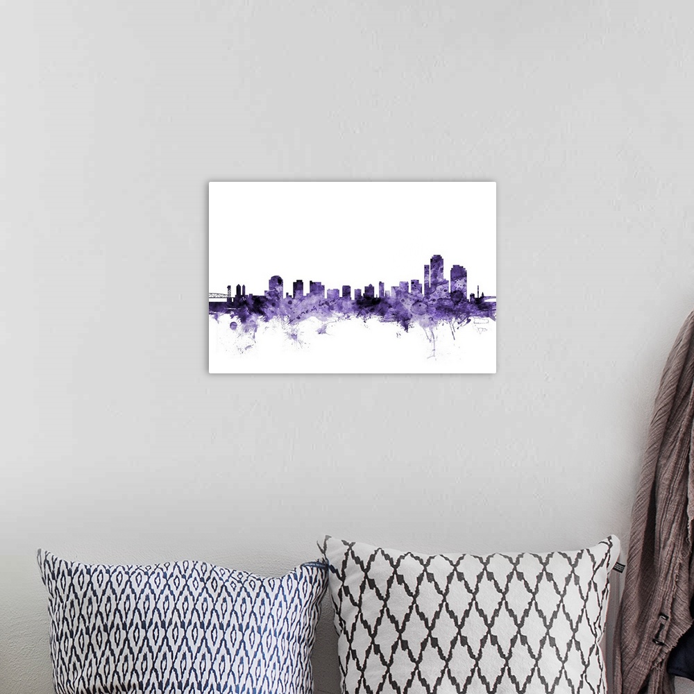 A bohemian room featuring Watercolor art print of the skyline of Wilmington, Delaware, United States