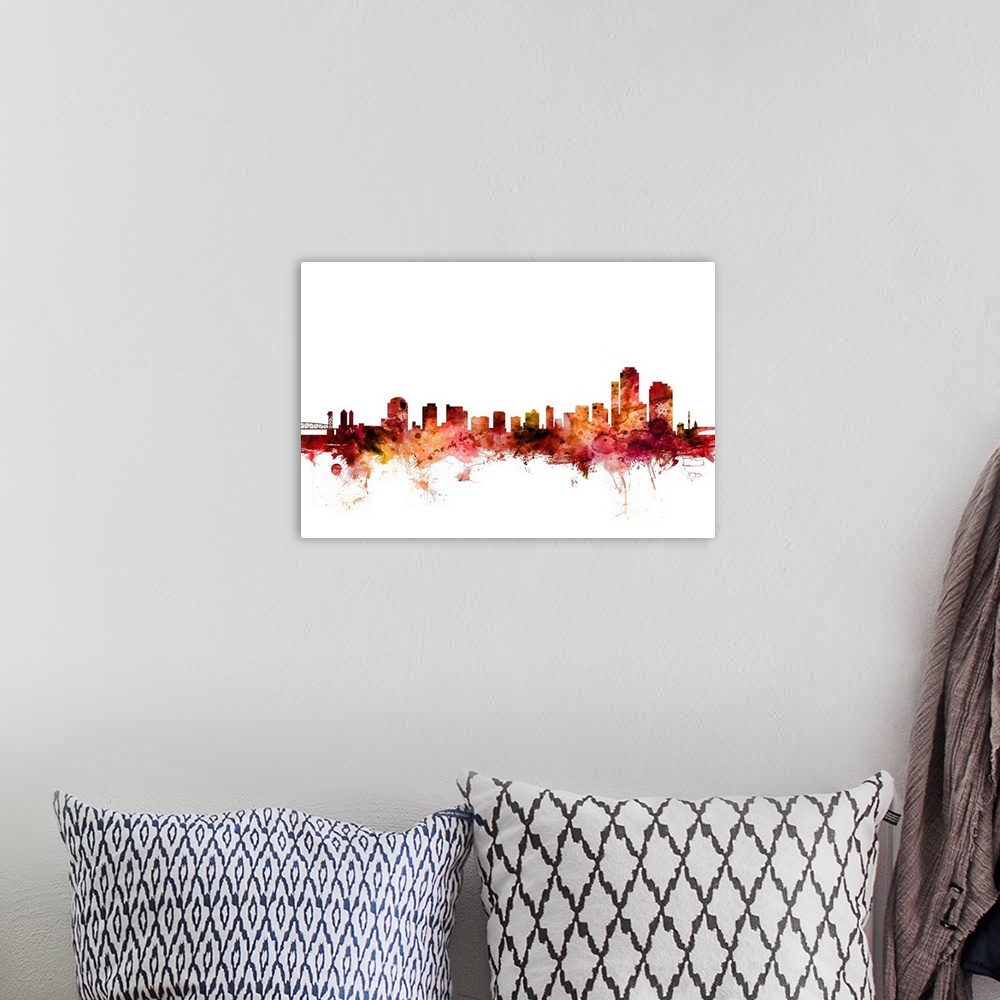 A bohemian room featuring Watercolor art print of the skyline of Wilmington, Delaware, United States.