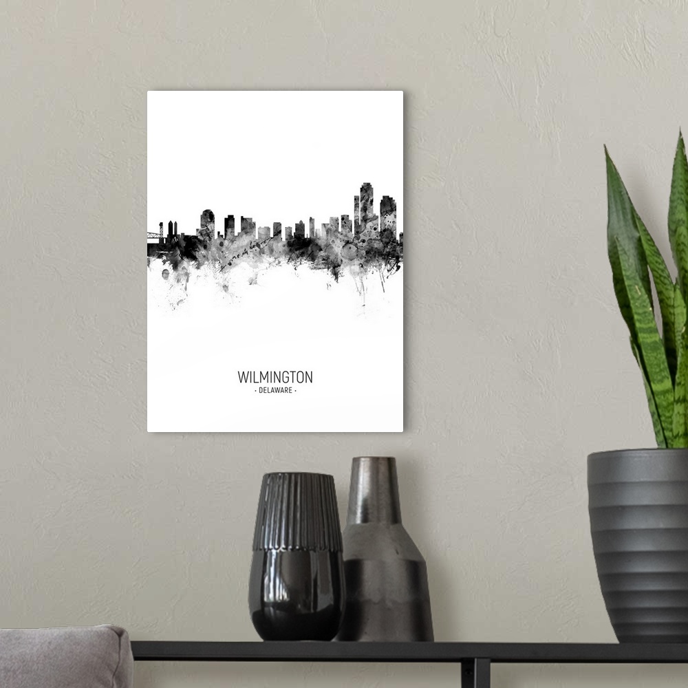 A modern room featuring Watercolor art print of the skyline of Wilmington, Delaware, United States