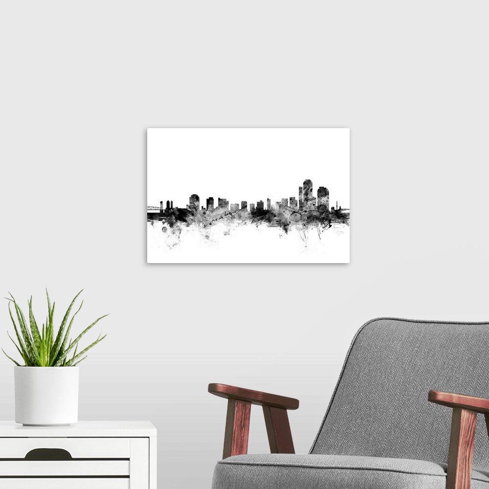 A modern room featuring Watercolor art print of the skyline of Wilmington, Delaware, United States.