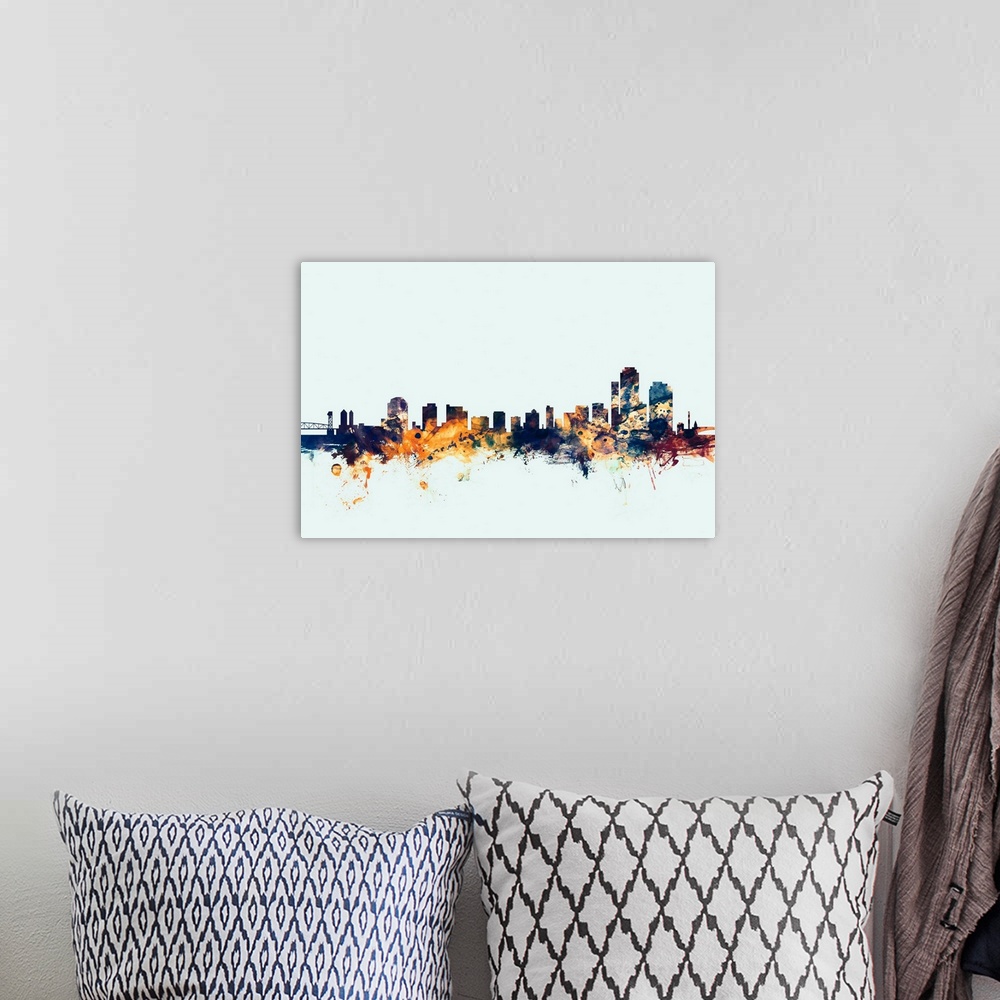 A bohemian room featuring Watercolor art print of the skyline of Wilmington, Delaware, United States.