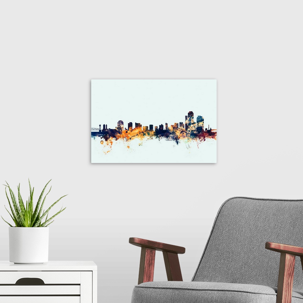 A modern room featuring Watercolor art print of the skyline of Wilmington, Delaware, United States.