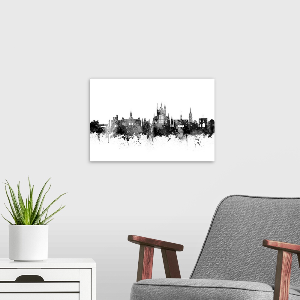A modern room featuring Watercolor art print of the skyline of Winchester, England, United Kingdom.