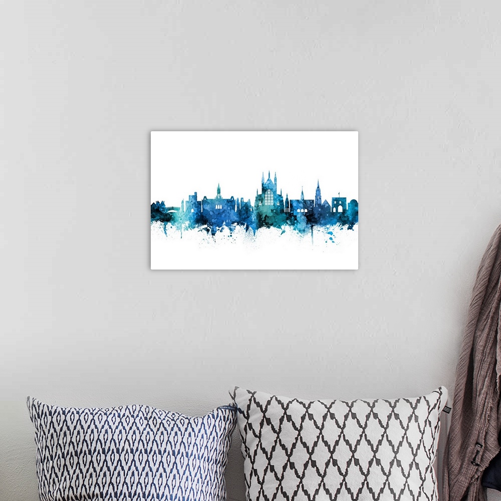 A bohemian room featuring Watercolor art print of the skyline of Winchester, England, United Kingdom.