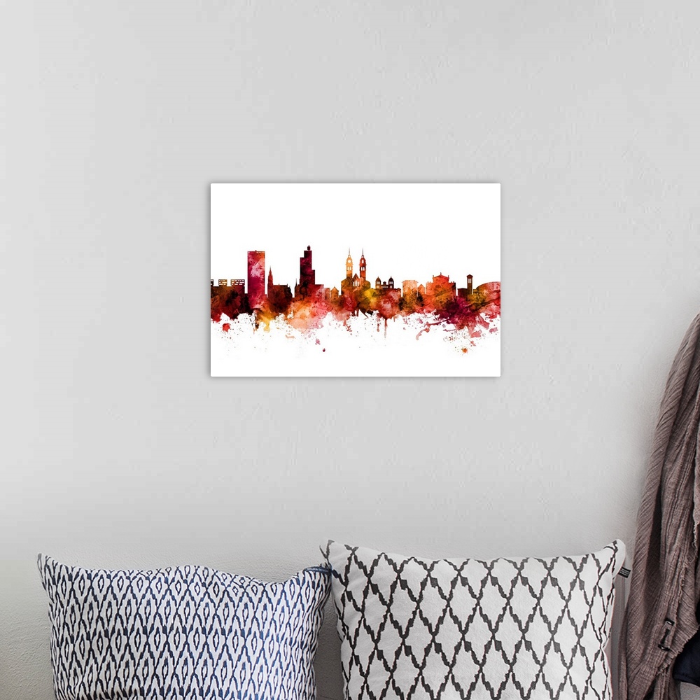 A bohemian room featuring Watercolor art print of the skyline of Winterthur, Switzerland.