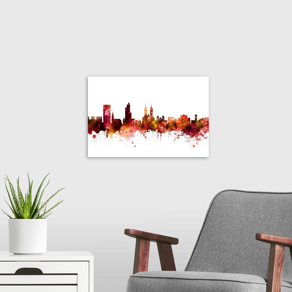 A modern room featuring Watercolor art print of the skyline of Winterthur, Switzerland.