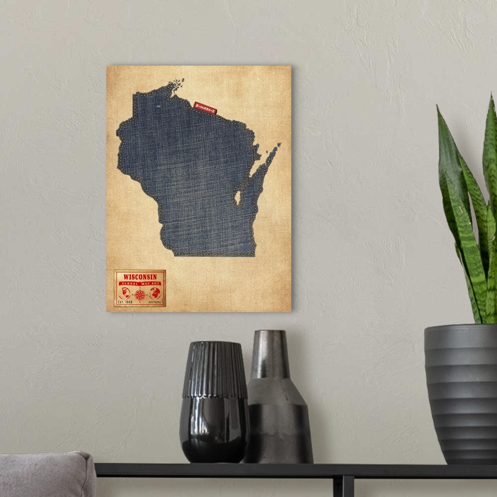 A modern room featuring Contemporary artwork of the state of Wisconsin made of denim, against a rustic background.
