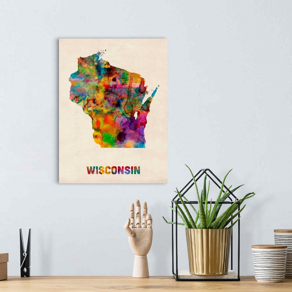 A bohemian room featuring Contemporary piece of artwork of a map of Wisconsin made up of watercolor splashes.