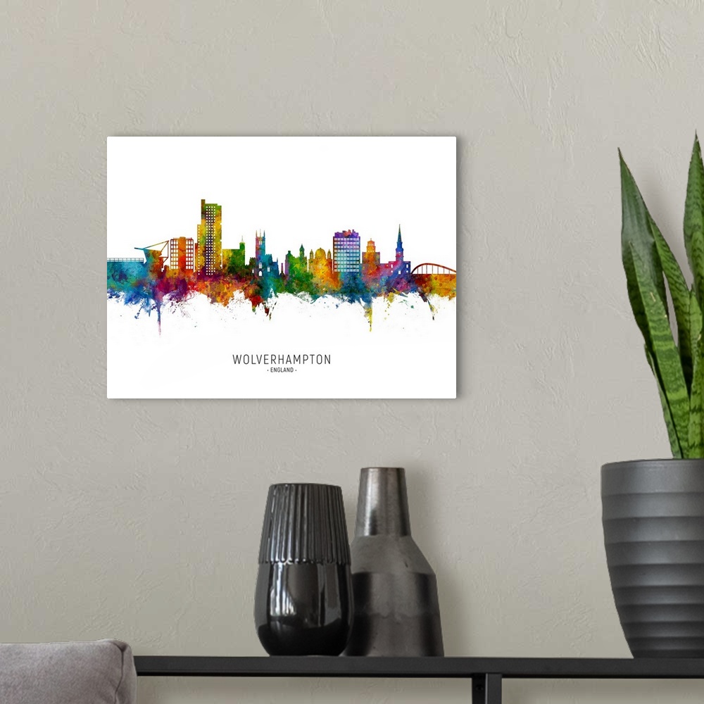 A modern room featuring Watercolor art print of the skyline of Wolverhampton, England, United Kingdom