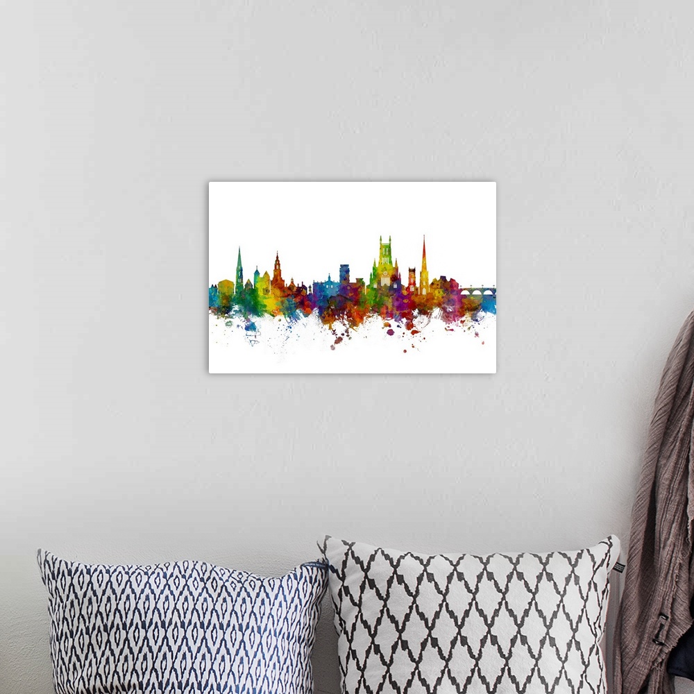 A bohemian room featuring Watercolor art print of the skyline of Worcester, England, United Kingdom.