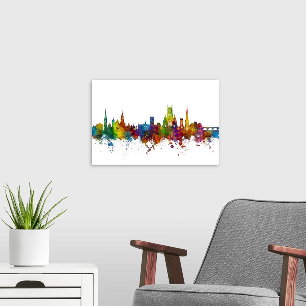 A modern room featuring Watercolor art print of the skyline of Worcester, England, United Kingdom.