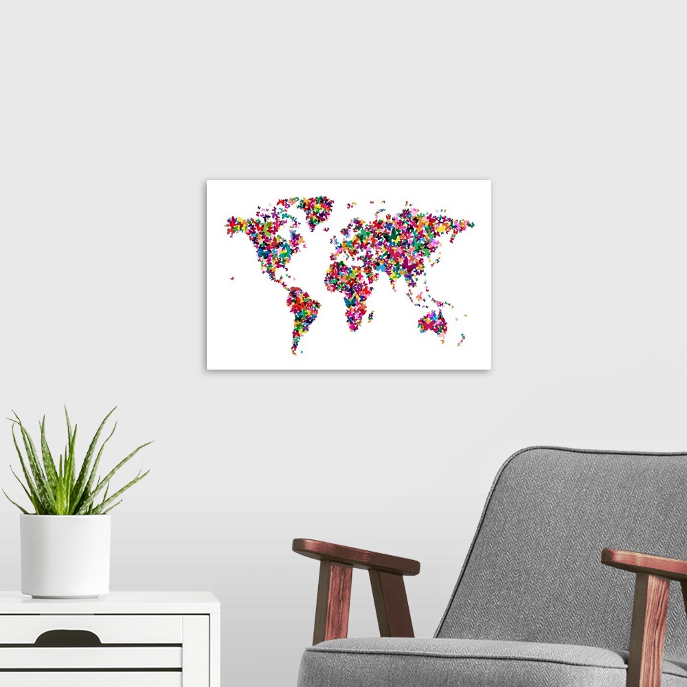 A modern room featuring World Art map made up of Butterflies