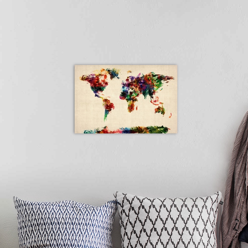 A bohemian room featuring World Map with the courtiers represented by colorful paint streaks.