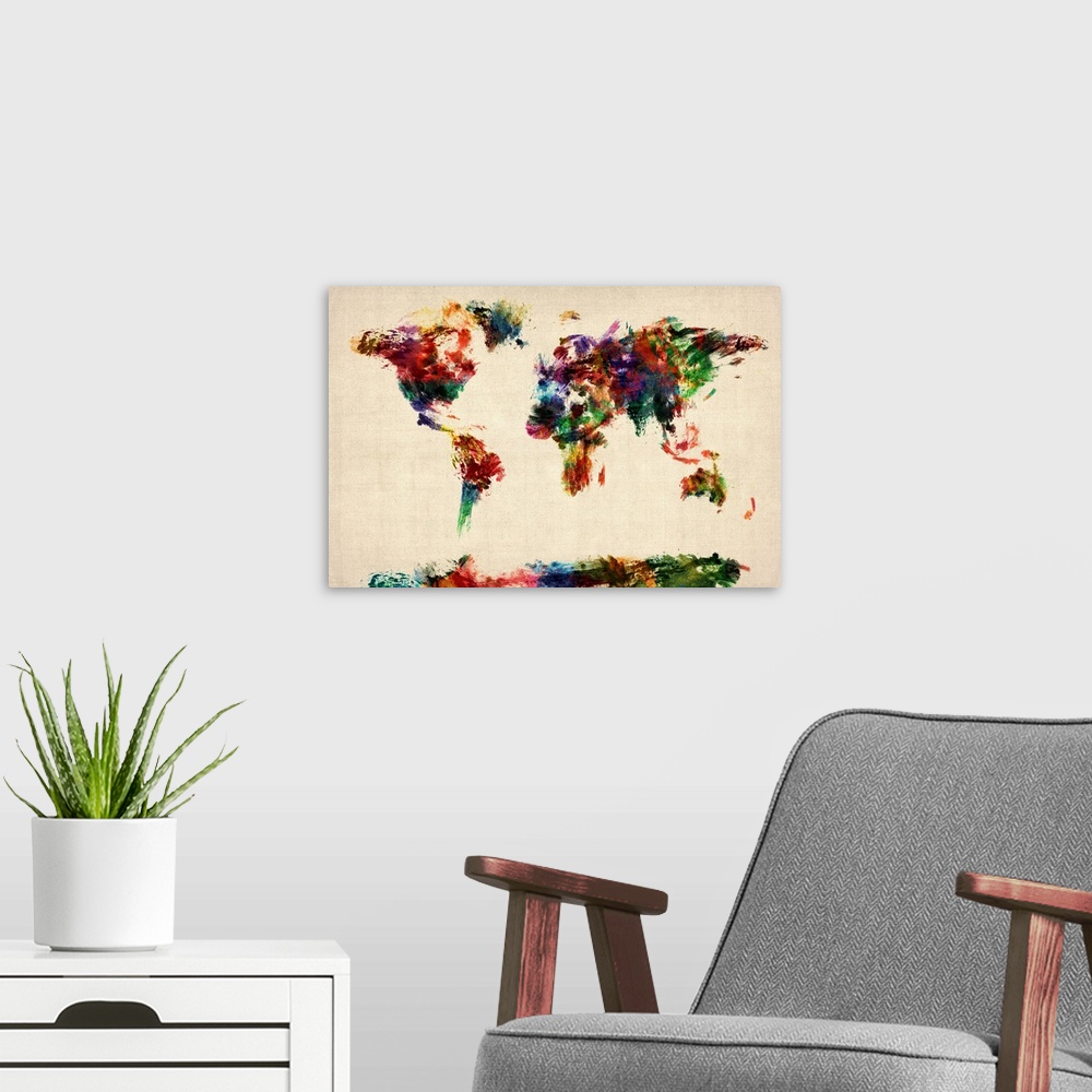 A modern room featuring World Map with the courtiers represented by colorful paint streaks.