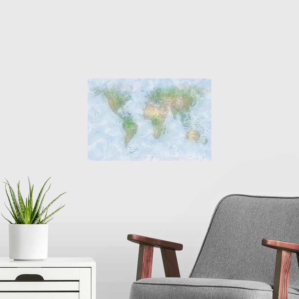 A modern room featuring World map painted in watercolors with no lines for country or land boundaries drawn just names of...