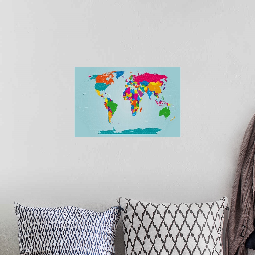 A bohemian room featuring Bright and vibrant colors are used for the countries in this map of the world.