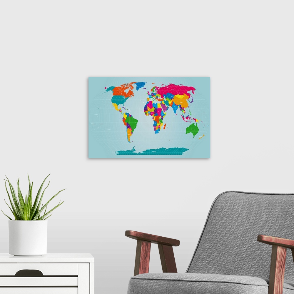 A modern room featuring Bright and vibrant colors are used for the countries in this map of the world.