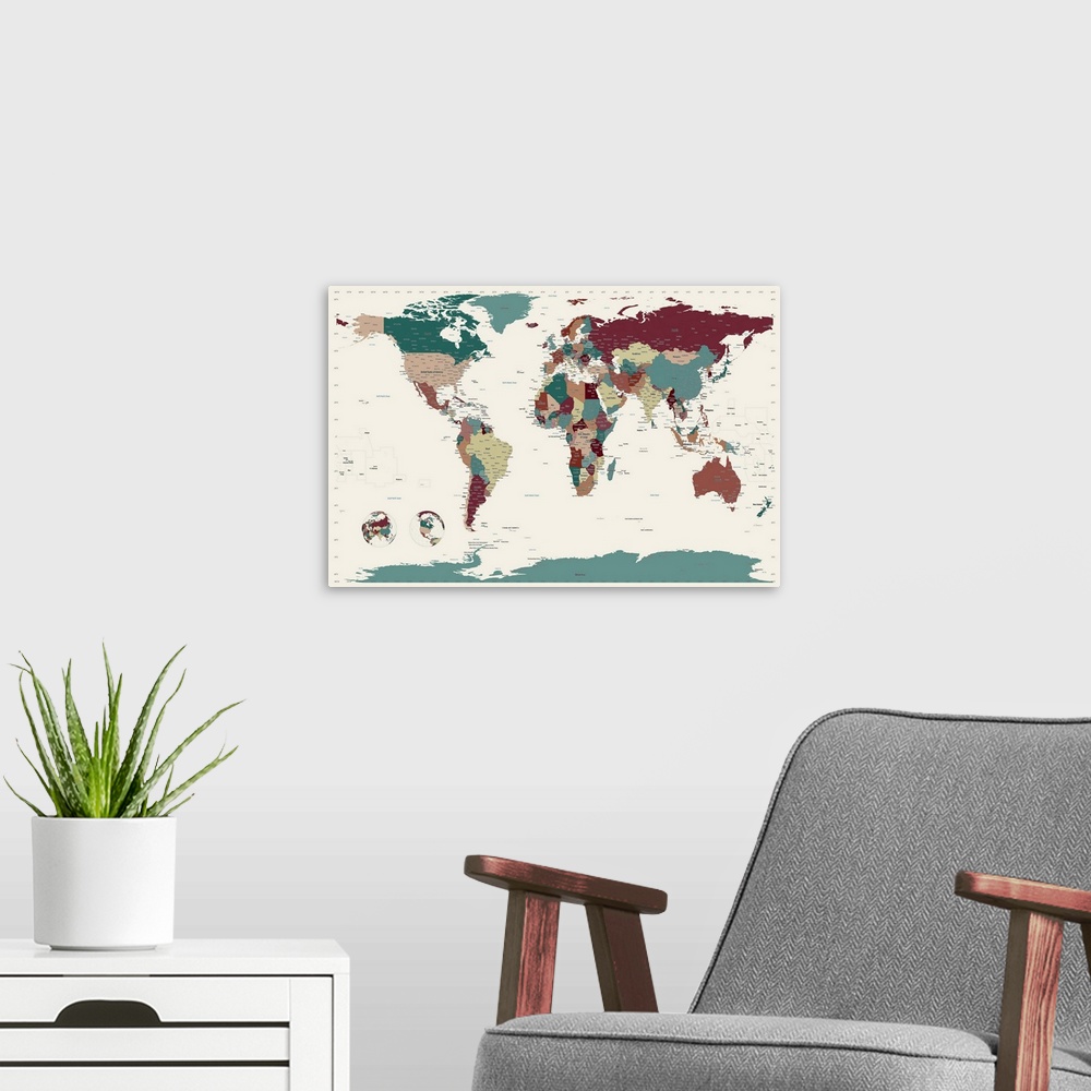A modern room featuring Giant, horizontal wall hanging of the world map with all countries in a variety of colors, on a l...