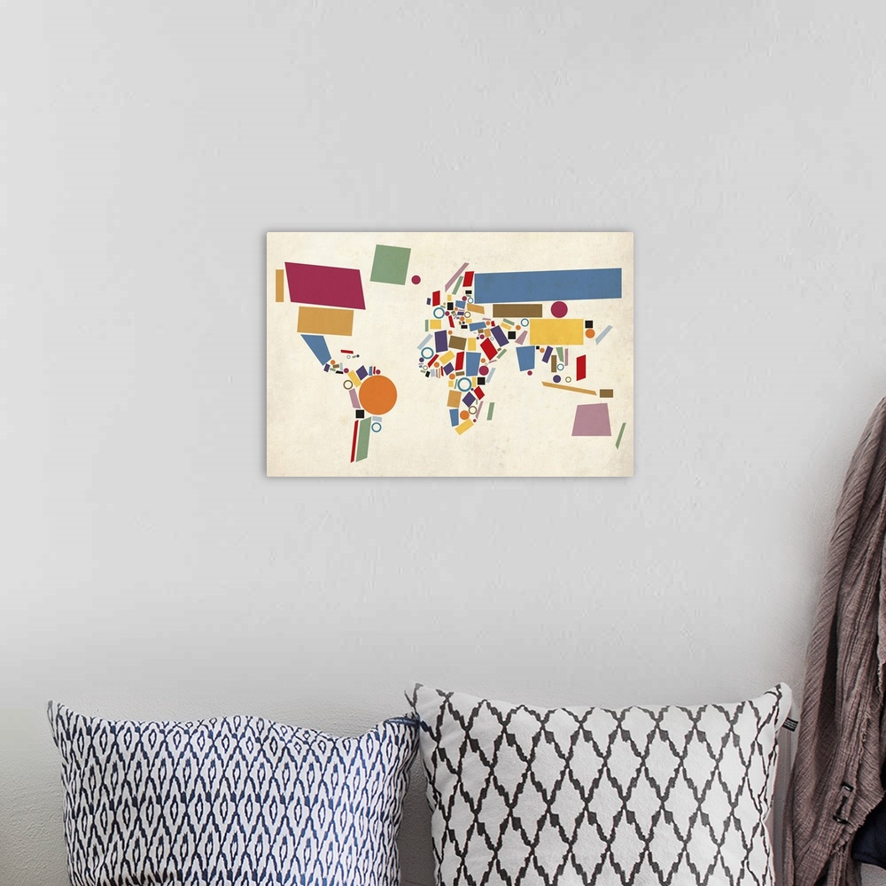 A bohemian room featuring Map of the World Abstract Canvas and Art Print. This map has been done in the style of Russian pa...