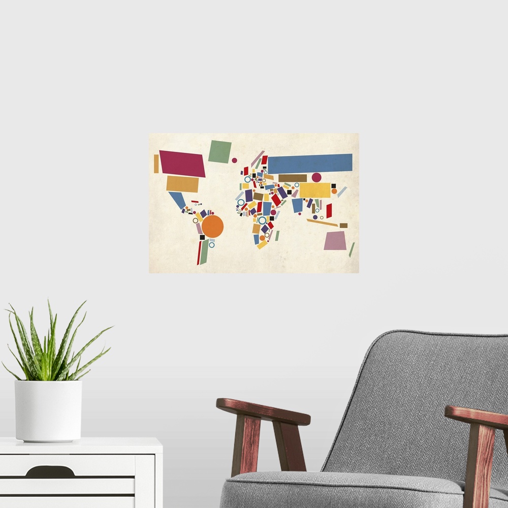 A modern room featuring Map of the World Abstract Canvas and Art Print. This map has been done in the style of Russian pa...