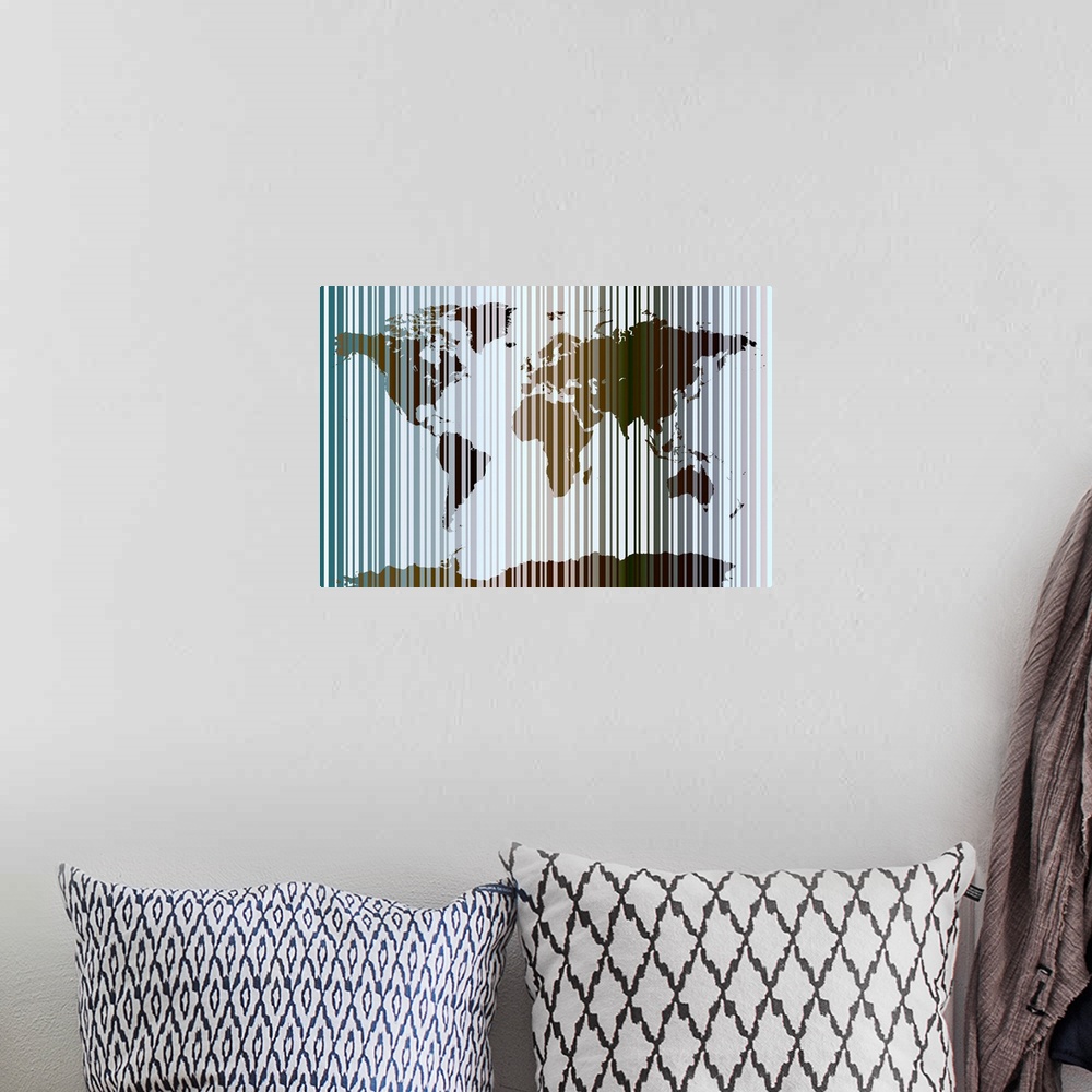 A bohemian room featuring Contemporary piece of a map of the world with different colored vertical stripes running across t...
