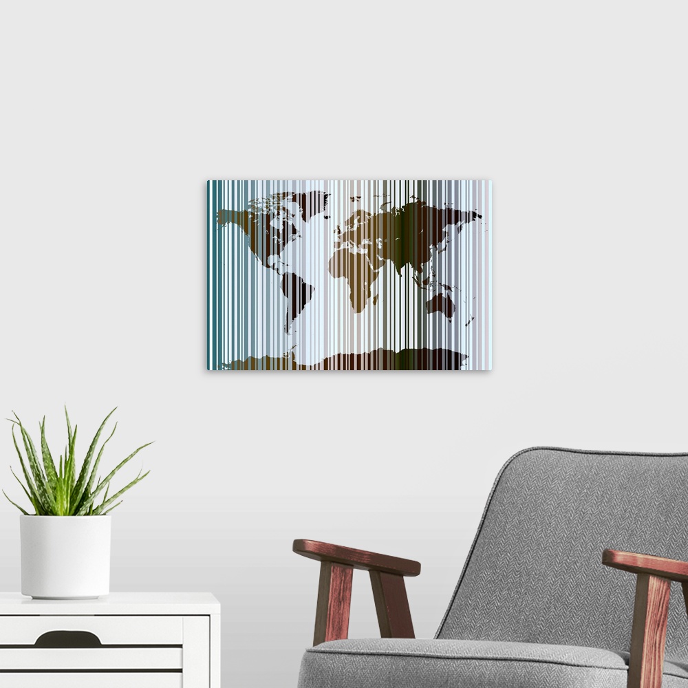 A modern room featuring Contemporary piece of a map of the world with different colored vertical stripes running across t...