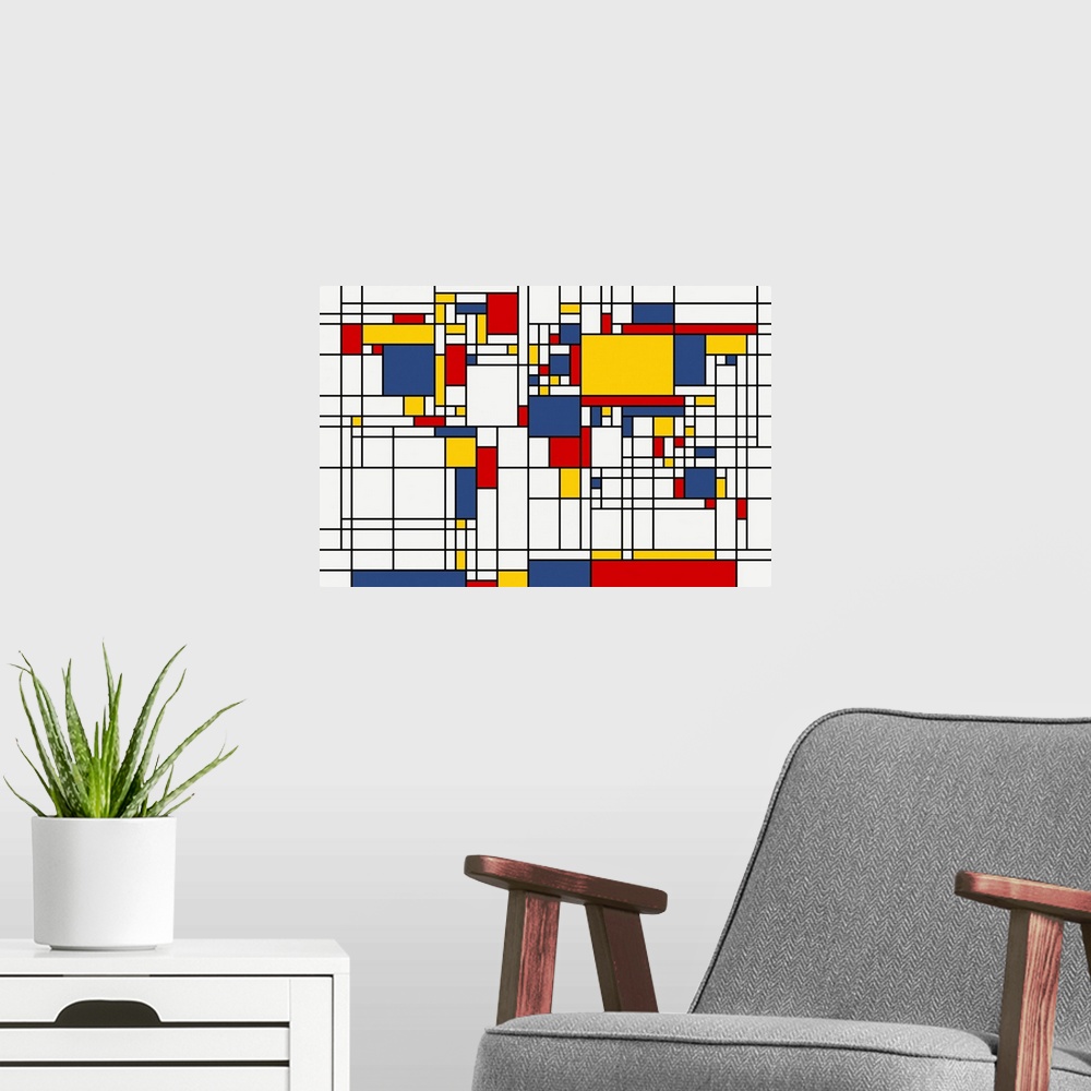 A modern room featuring This wall art is an inventive take on a world map of all seven continents in the recognizable sty...