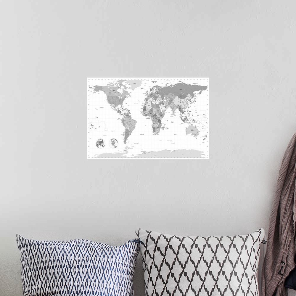 A bohemian room featuring This educational wall art is a monochromatic political map of all seven continents showing latitu...