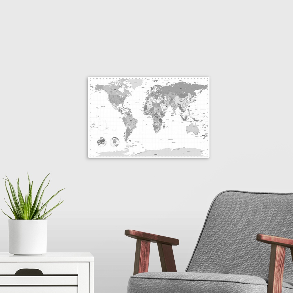 A modern room featuring This educational wall art is a monochromatic political map of all seven continents showing latitu...