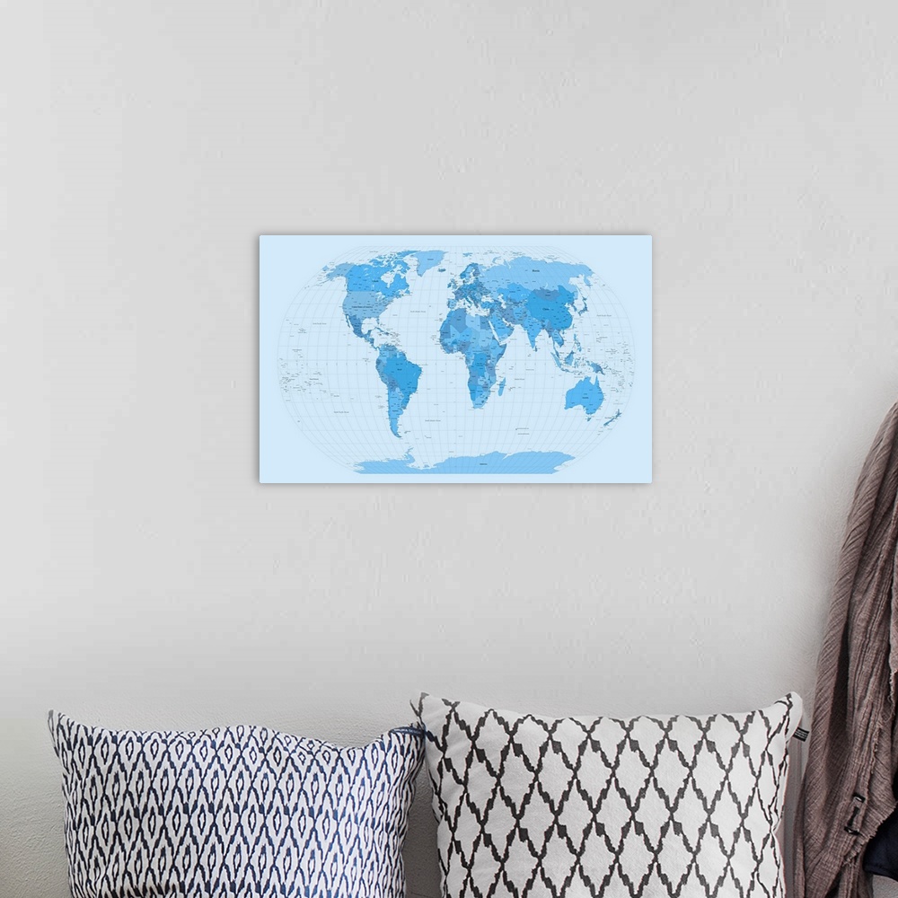 A bohemian room featuring Map of the world with country names, city names, major cities, island names, sea names and gratic...