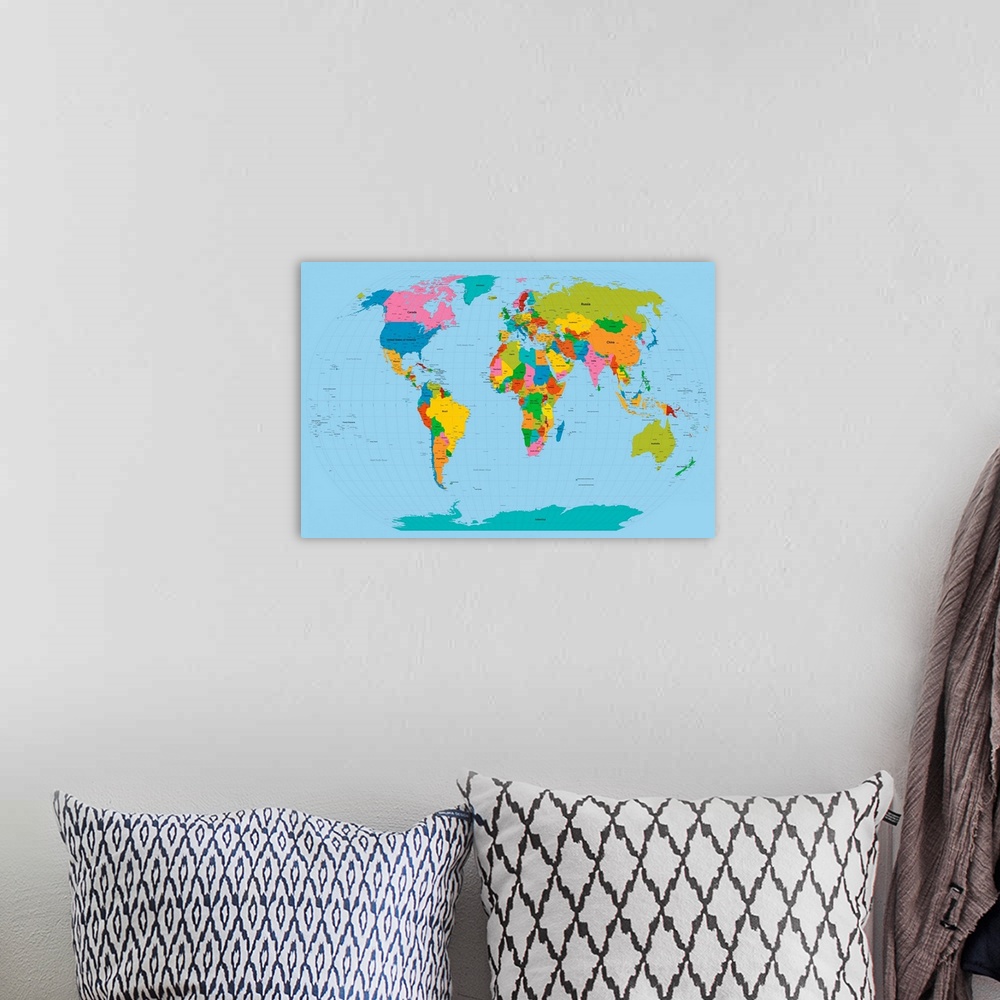 A bohemian room featuring Wall art of a political world map with numbered latitude, longitude lines, and bright colors maki...
