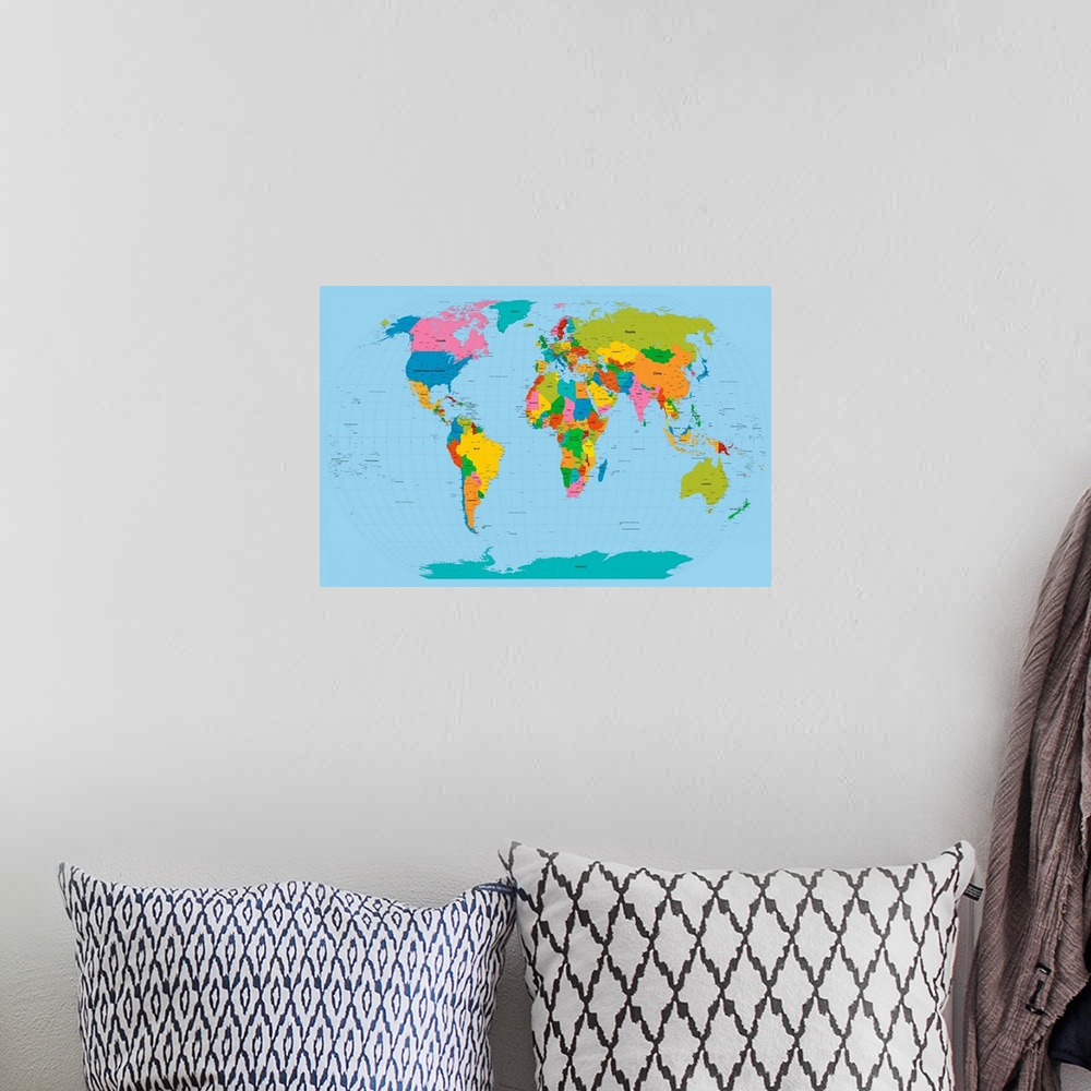 A bohemian room featuring Wall art of a political world map with numbered latitude, longitude lines, and bright colors maki...