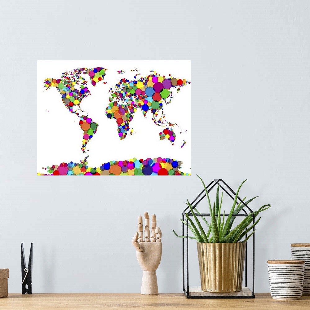 A bohemian room featuring Map of the world made from multicoloured overlapping circles.