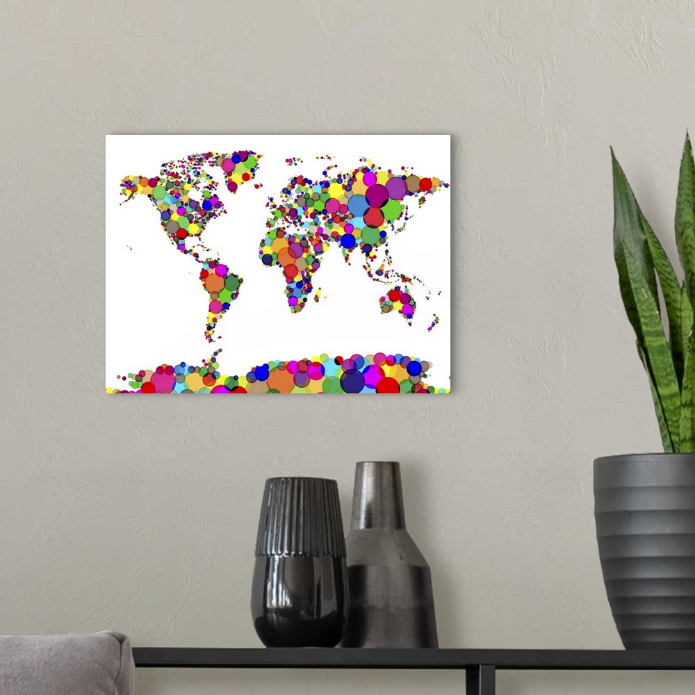 A modern room featuring Map of the world made from multicoloured overlapping circles.