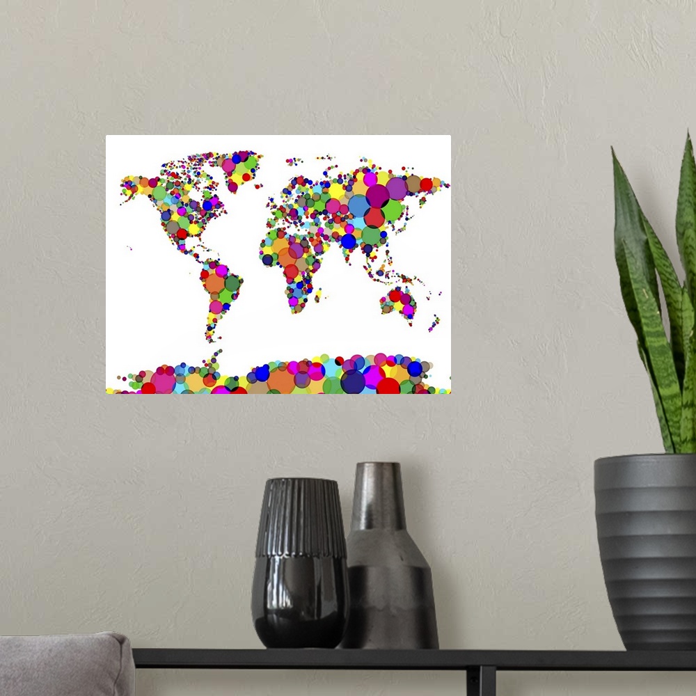 A modern room featuring Map of the world made from multicoloured overlapping circles.