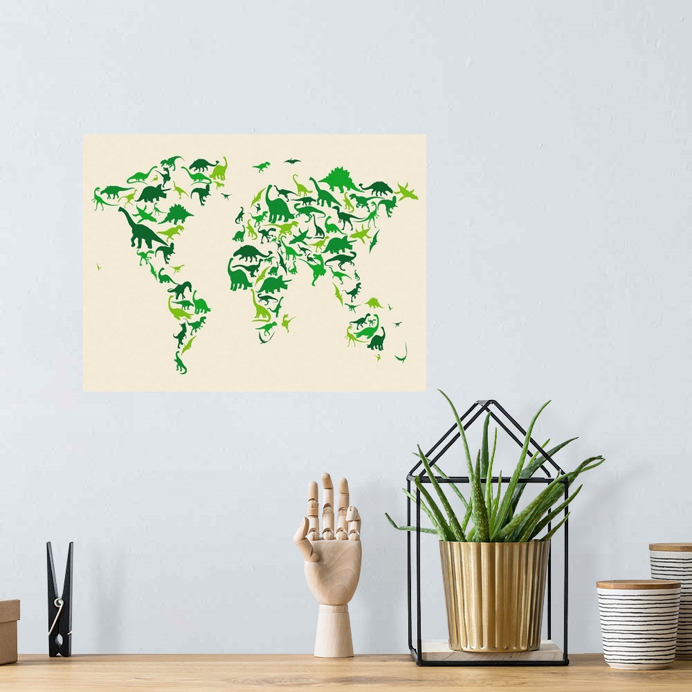 A bohemian room featuring World Map Dinosaurs, Green