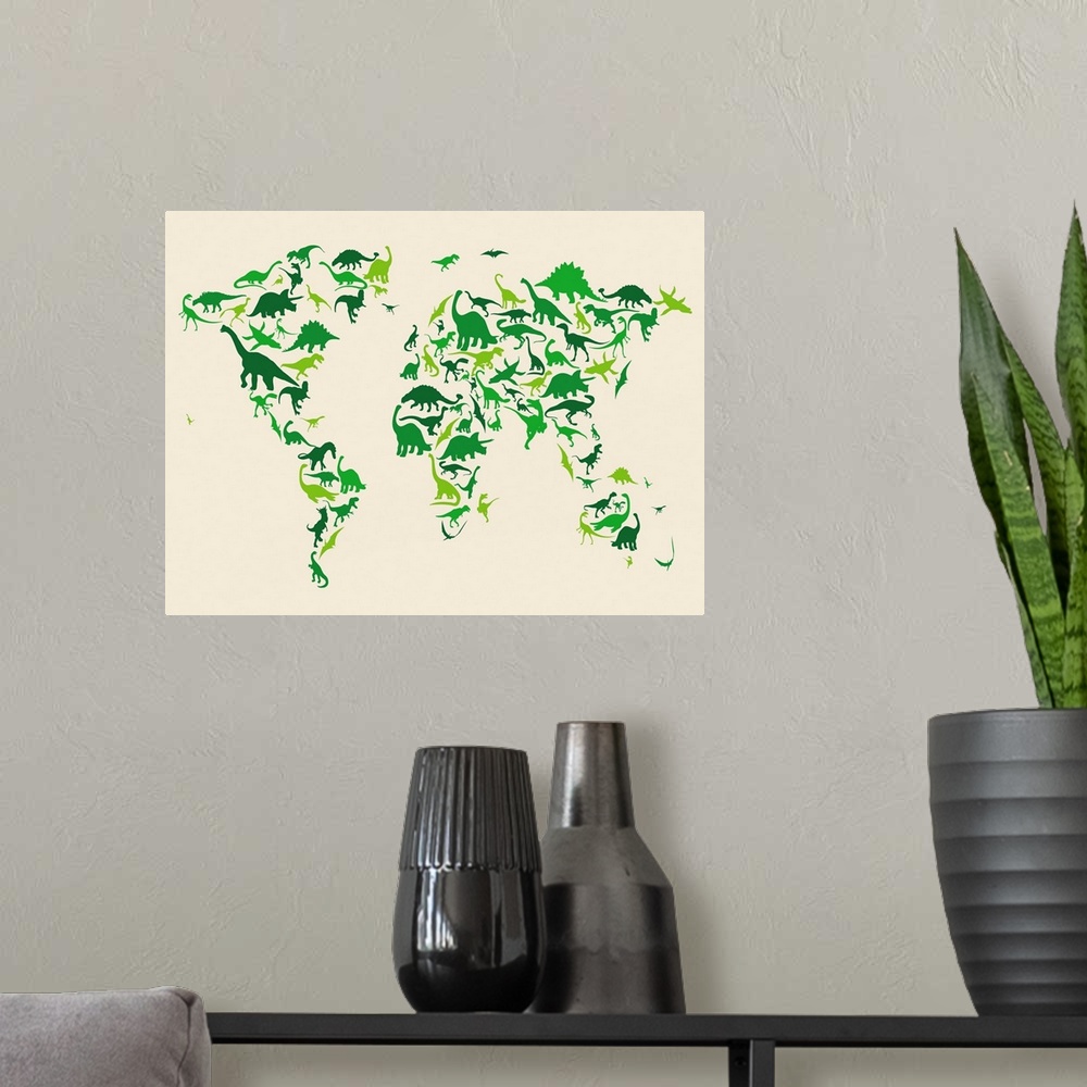 A modern room featuring World Map Dinosaurs, Green
