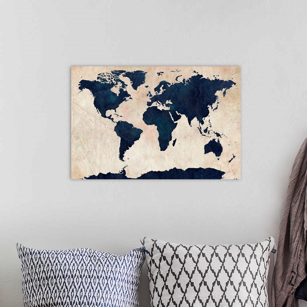 A bohemian room featuring Big canvas art of distressed stenciled map of the world with the continents silhouetted.