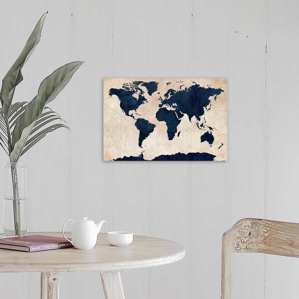 A farmhouse room featuring Big canvas art of distressed stenciled map of the world with the continents silhouetted.