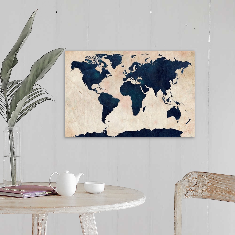 A farmhouse room featuring Big canvas art of distressed stenciled map of the world with the continents silhouetted.