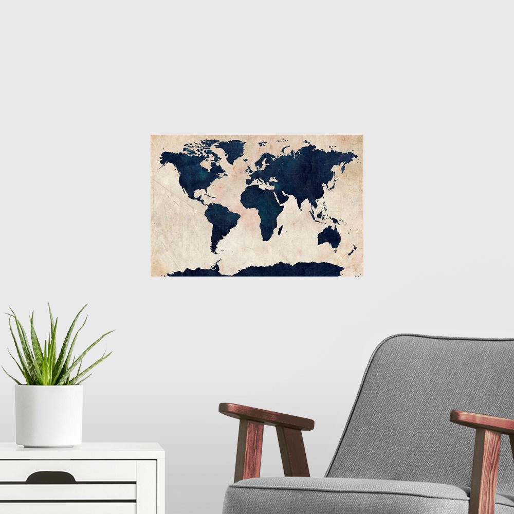 A modern room featuring Big canvas art of distressed stenciled map of the world with the continents silhouetted.