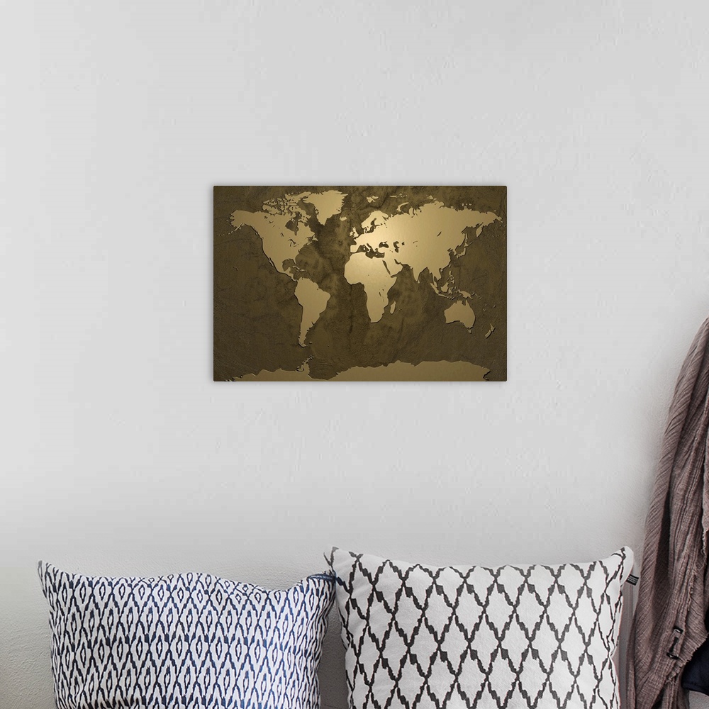 A bohemian room featuring Map of the world in gold tones with detailed ridged ocean floor and simplified polished land, giv...