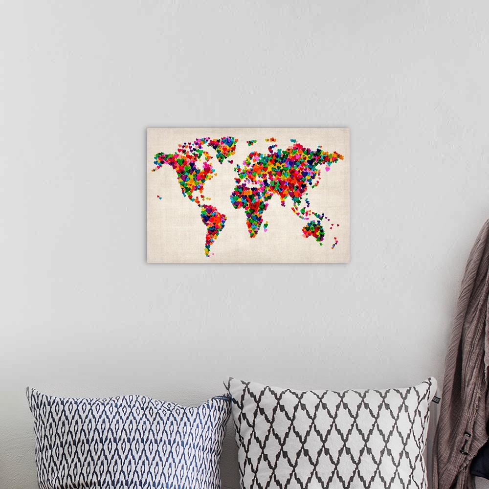 A bohemian room featuring Contemporary artwork of map with its continent shapes created by tiny colorful hearts.